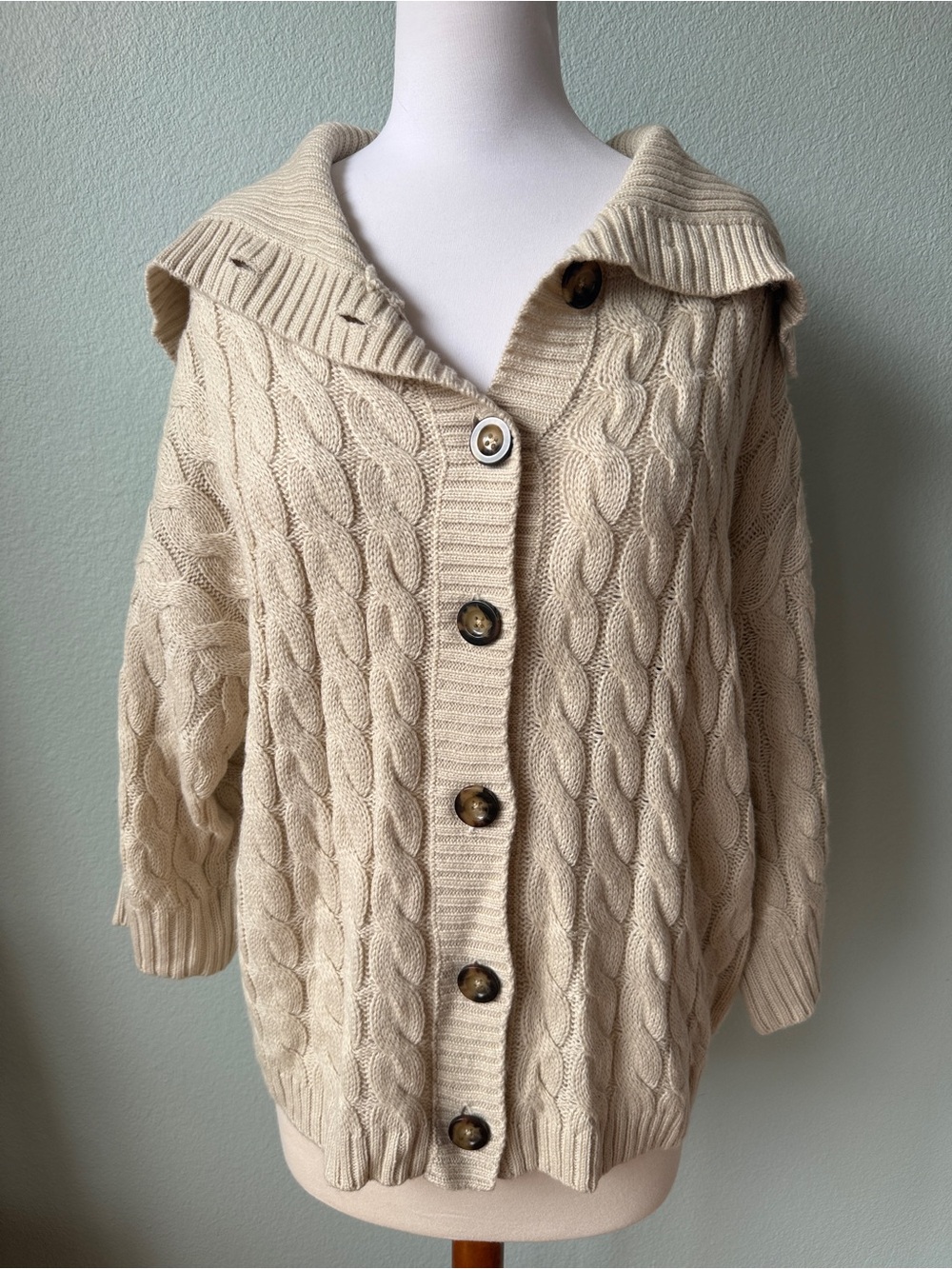 Ann Taylor Cream Cable-Knit Button Cardigan